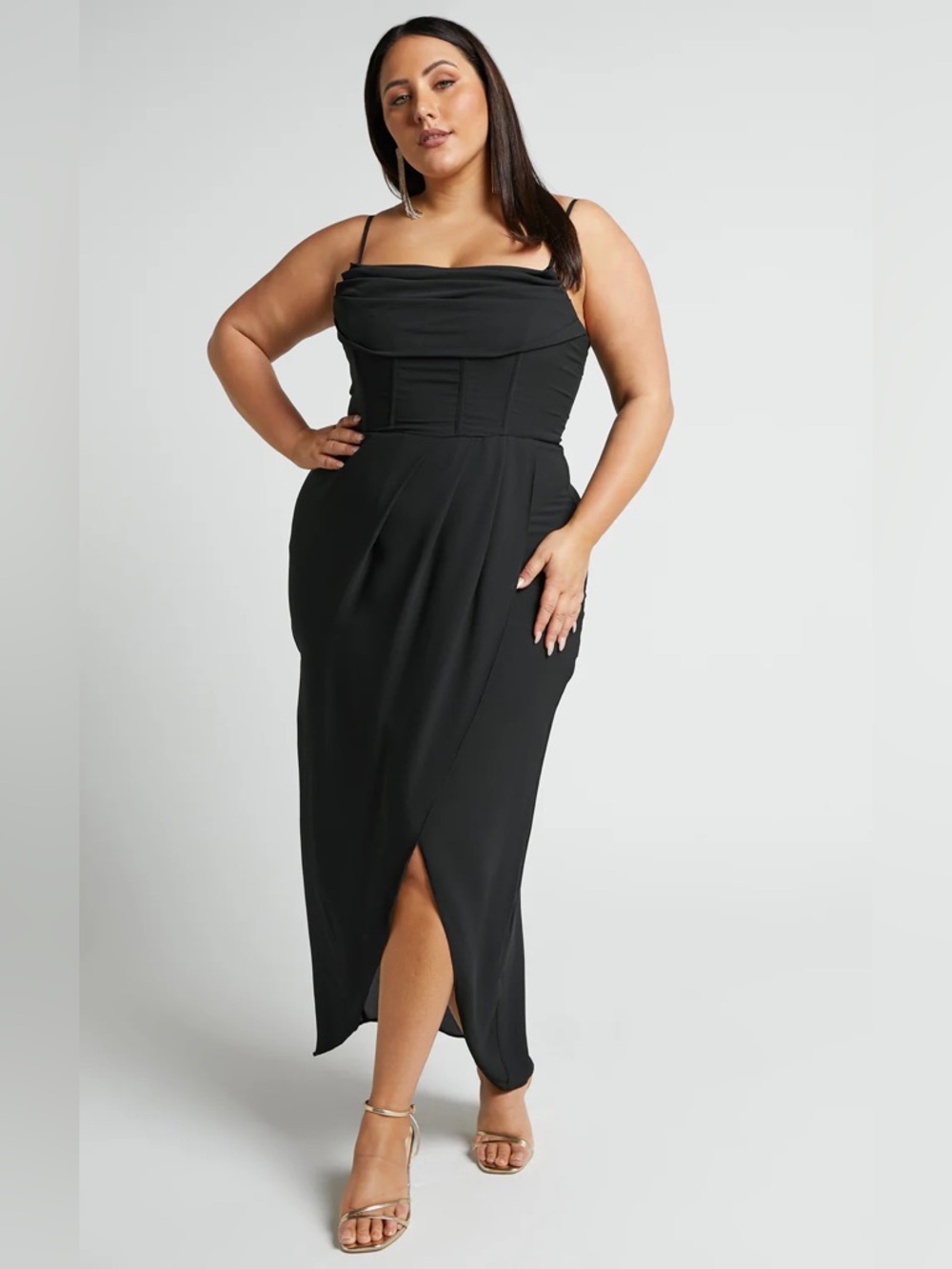 Showpo NWT Adrina Black Draped Neckline Midi Dress with Front Slit - size 16